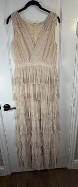 Geode Beige Pleated Tiered Maxi Dress with Sequin Accents